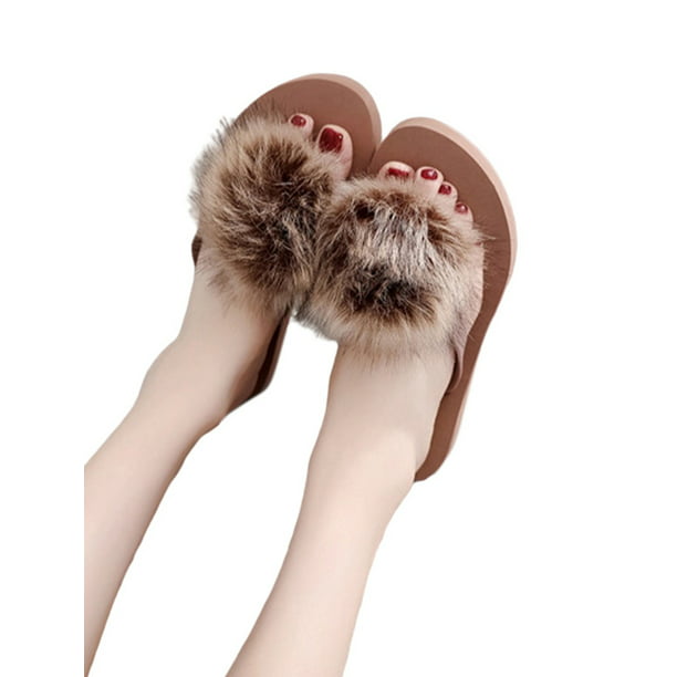 Women Furry Slip On Sliders Summer Flat Sandals Ladies Fluffy Fur Slippers Shoes 